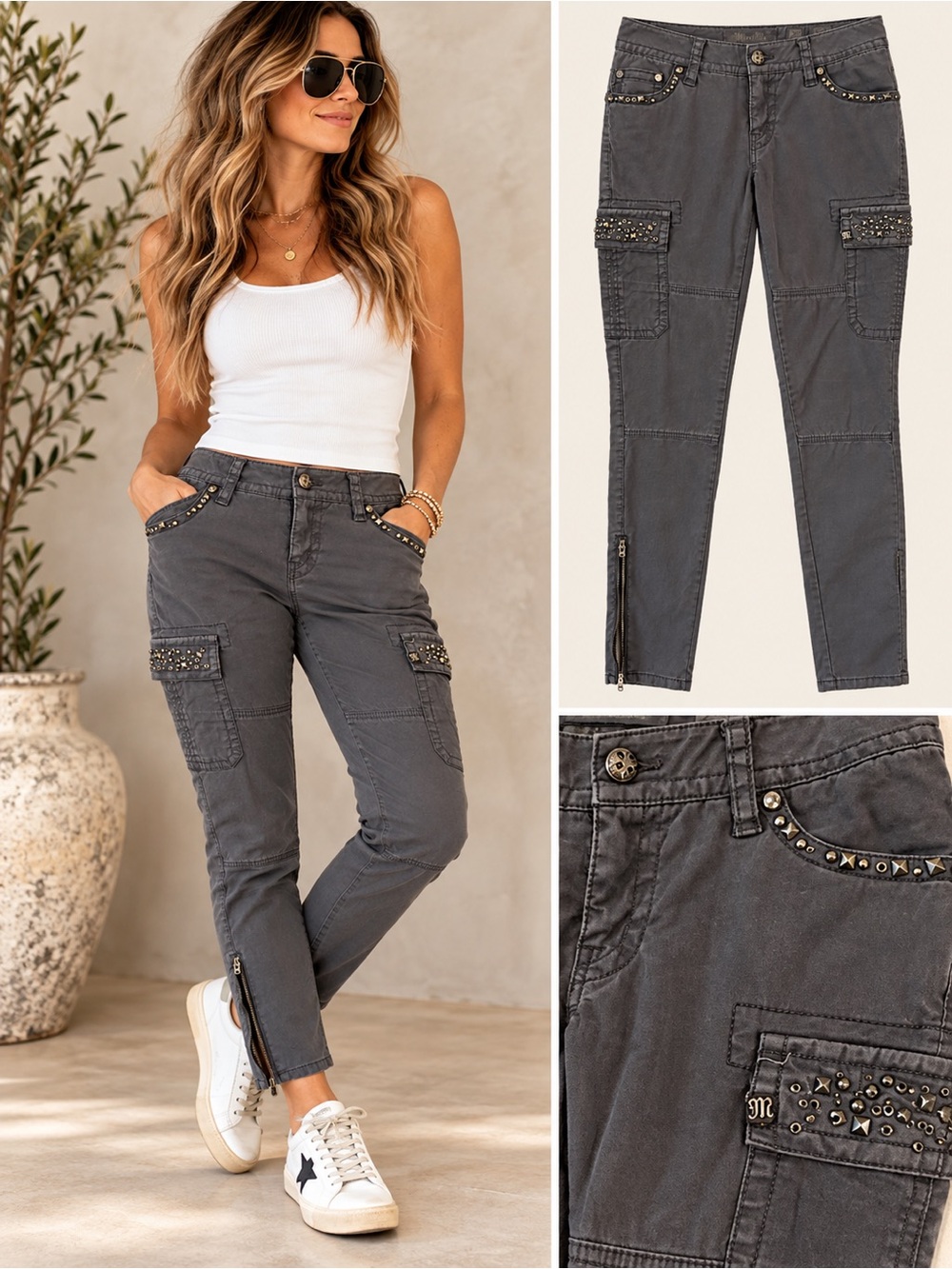 Miss Me Grey Studded Cargo Skinny Pants Size 26